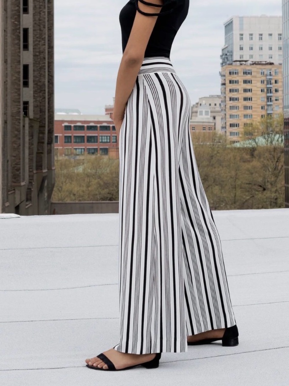Revamped Black & White Vertical-Stripe Wide-Leg Pants